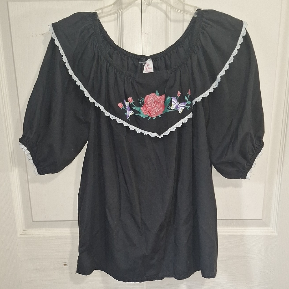 Vintage 70s Malco Modes USA Peasant Square Dance Blouse - Lace Trim - Black - M
